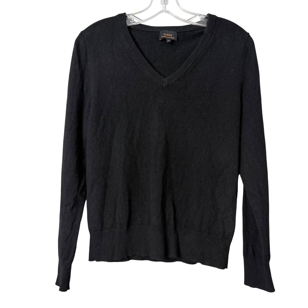 Quince V-Neck Sweater Women Size M Black 100% Mongolian Cashmere Quiet Luxury